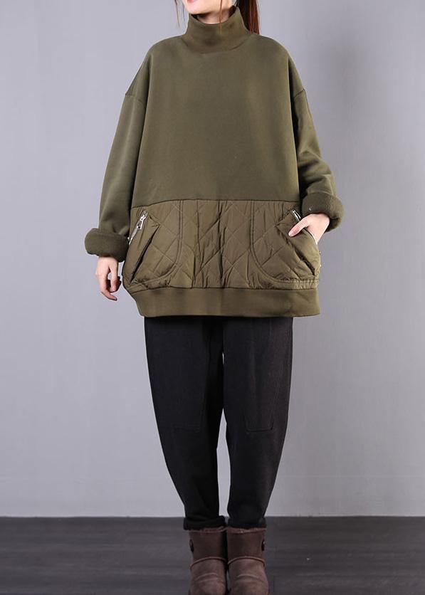 Green Cotton Clothes for High Neck Patchwork Fall Blouses