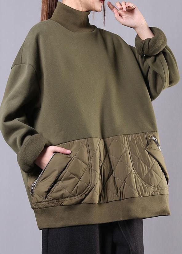 Green Cotton Clothes for High Neck Patchwork Fall Blouses