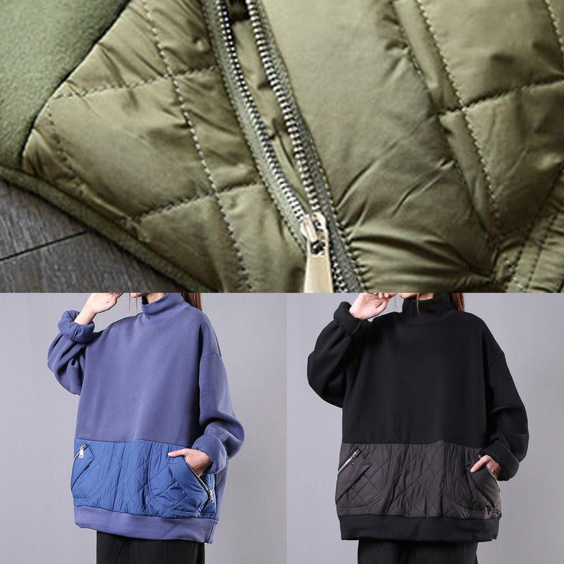 Green Cotton Clothes for High Neck Patchwork Fall Blouses