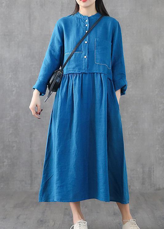 Green Linen Clothes for O Neck Patchwork Maxi Spring Dresses