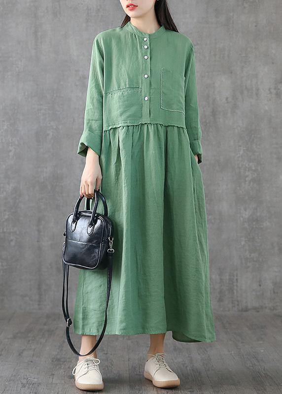 Green Linen Clothes for O Neck Patchwork Maxi Spring Dresses