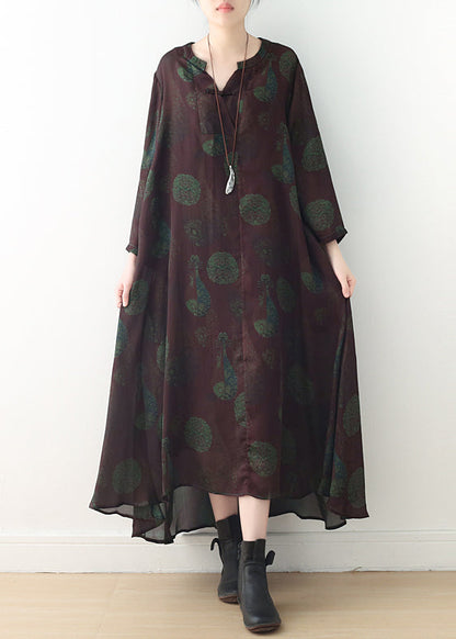 Green Purple Prints Silk Dress Boutique Fabrics V Neck Long Summer Dresses