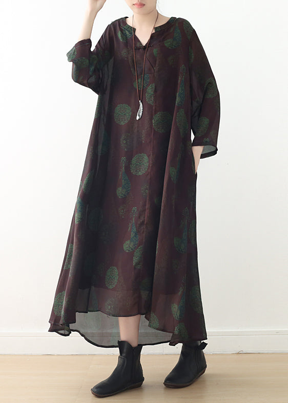 Green Purple Prints Silk Dress Boutique Fabrics V Neck Long Summer Dresses