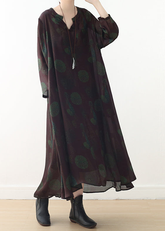 Green Purple Prints Silk Dress Boutique Fabrics V Neck Long Summer Dresses