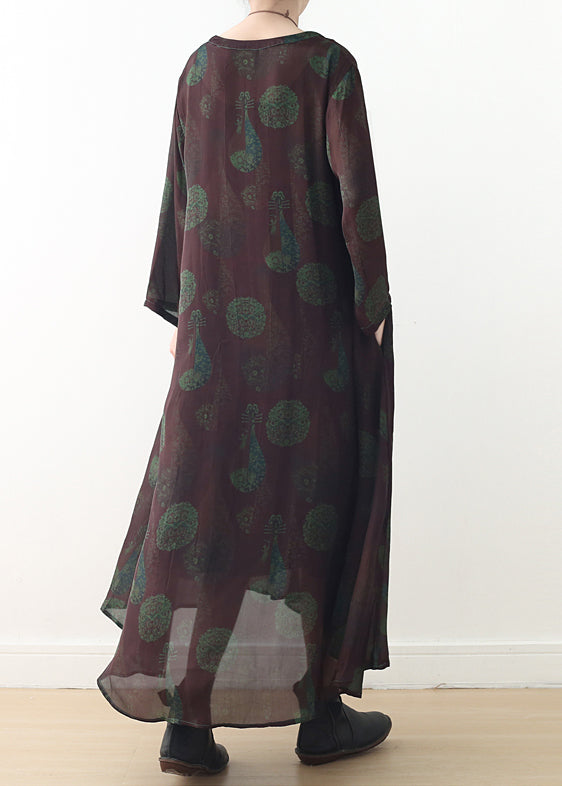 Green Purple Prints Silk Dress Boutique Fabrics V Neck Long Summer Dresses