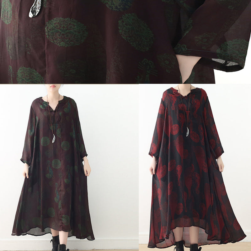 Green Purple Prints Silk Dress Boutique Fabrics V Neck Long Summer Dresses