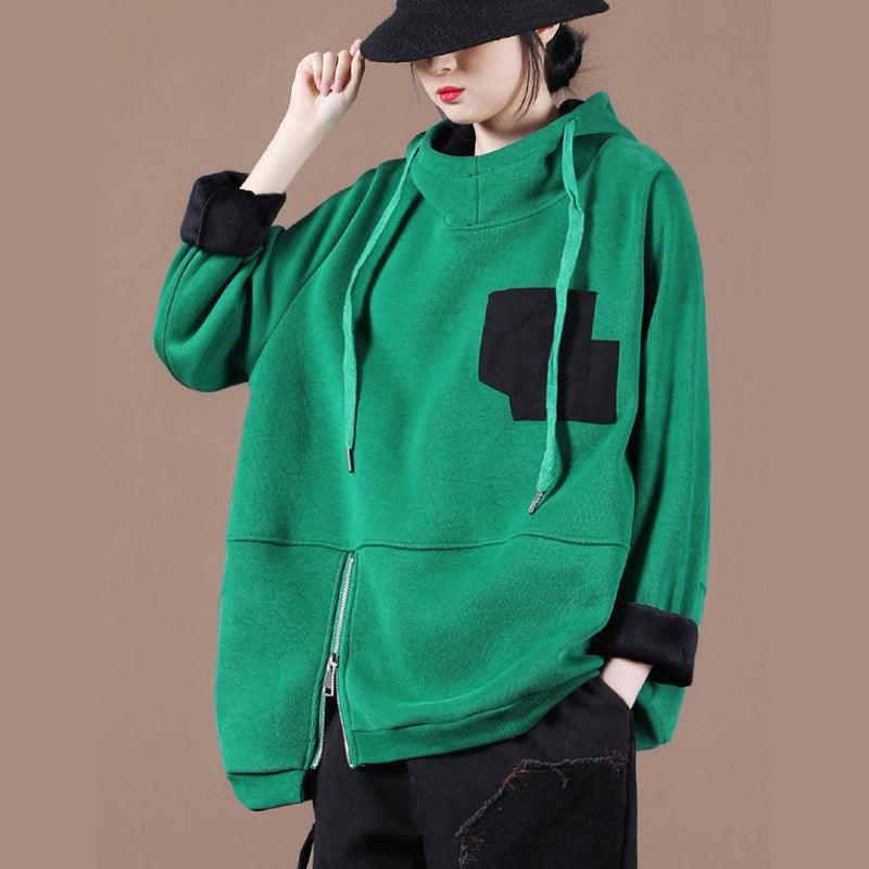 Green Thick Tops Blouses Hooded Patchwork Oversized Shirts