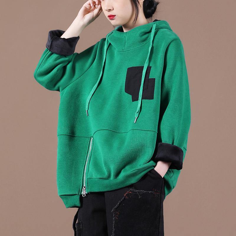 Beautiful green thick tops women blouses hooded patchwork oversized  shirts