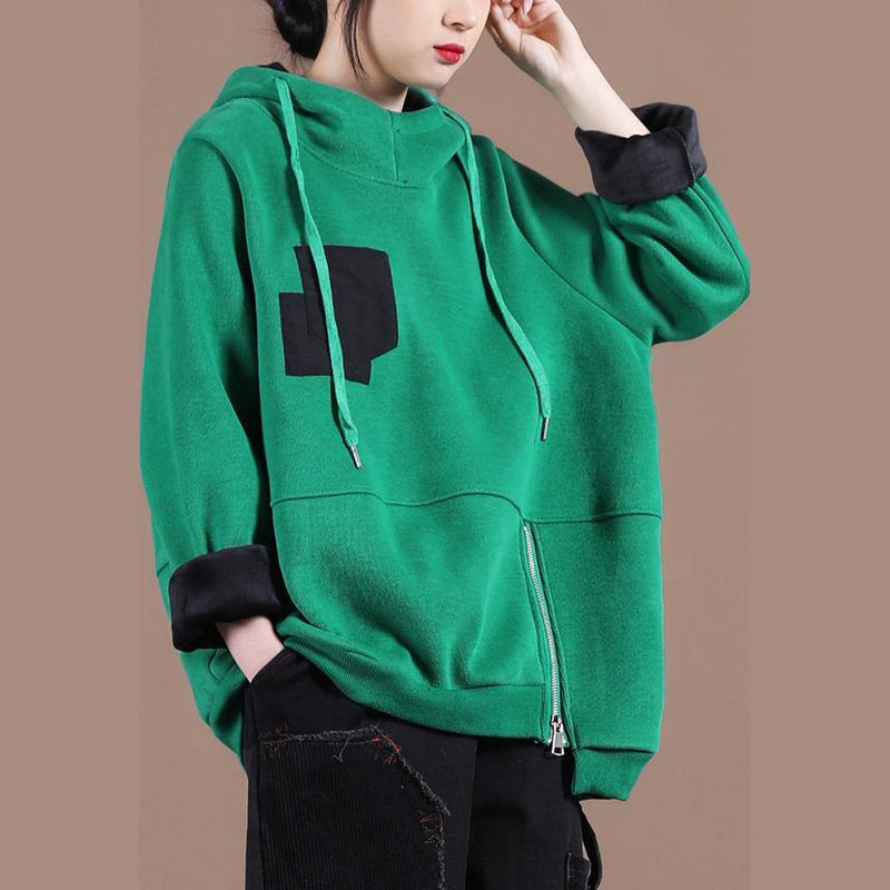 Green Thick Tops Blouses Hooded Patchwork Oversized Shirts