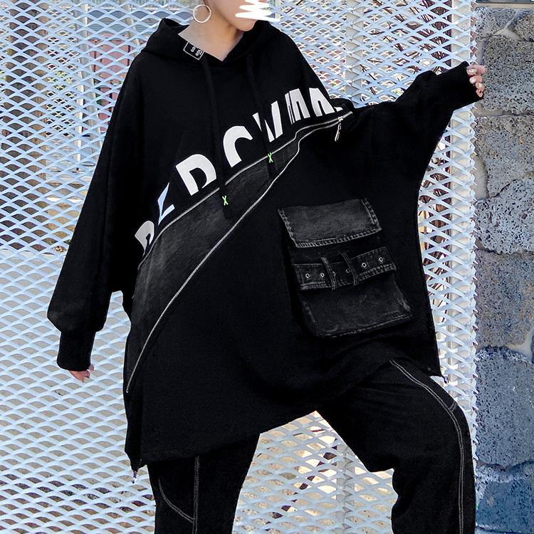 Hooded Letter Fall Tunic Top Black Blouse