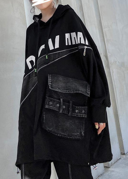Beautiful hooded Letter fall tunic top black blouse