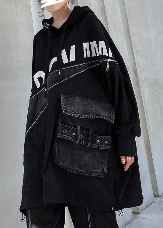 Hooded Letter Fall Tunic Top Black Blouse