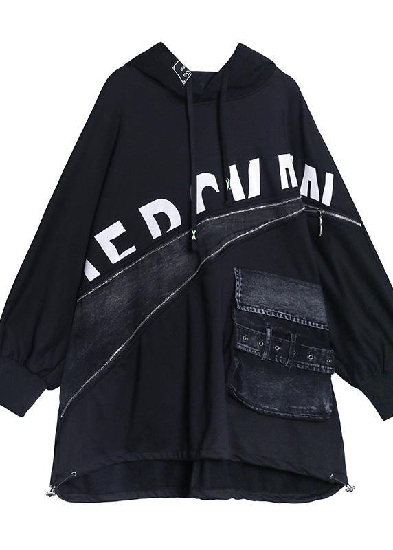 Beautiful hooded Letter fall tunic top black blouse