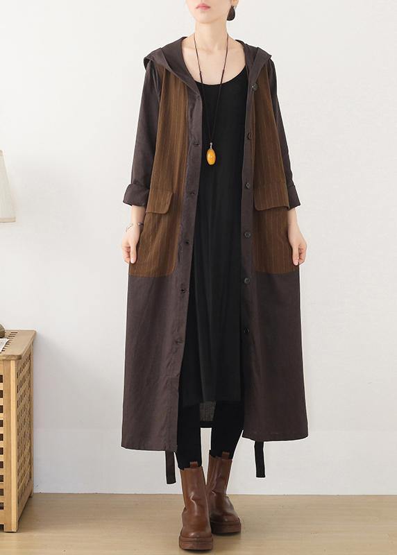Hooded Striped Trench Coat Chocolate Cotton Coats