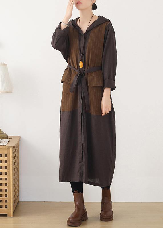 Hooded Striped Trench Coat Chocolate Cotton Coats