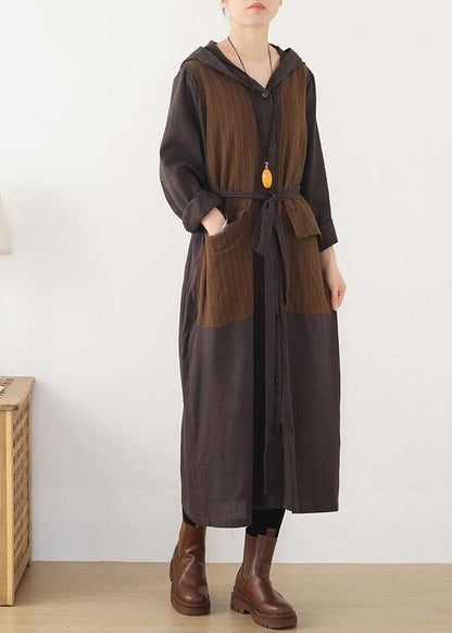 Hooded Striped Trench Coat Chocolate Cotton Coats