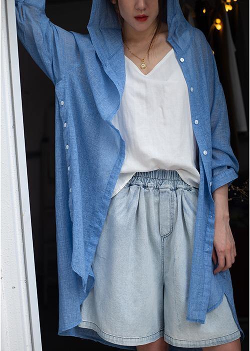 Hooded Cotton Summer Linen Tops Blouses Christmas Gifts Blue Tops