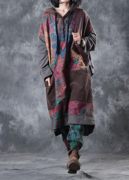 Hooded Drawstring Cotton Wardrobes Design Gray Print Maxi Dresses Fall