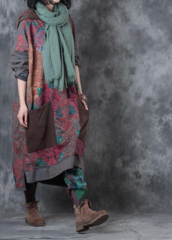 Hooded Drawstring Cotton Wardrobes Design Gray Print Maxi Dresses Fall