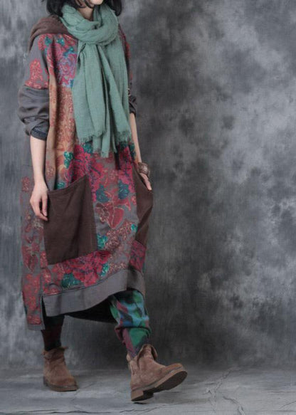 Hooded Drawstring Cotton Wardrobes Design Gray Print Maxi Dresses Fall