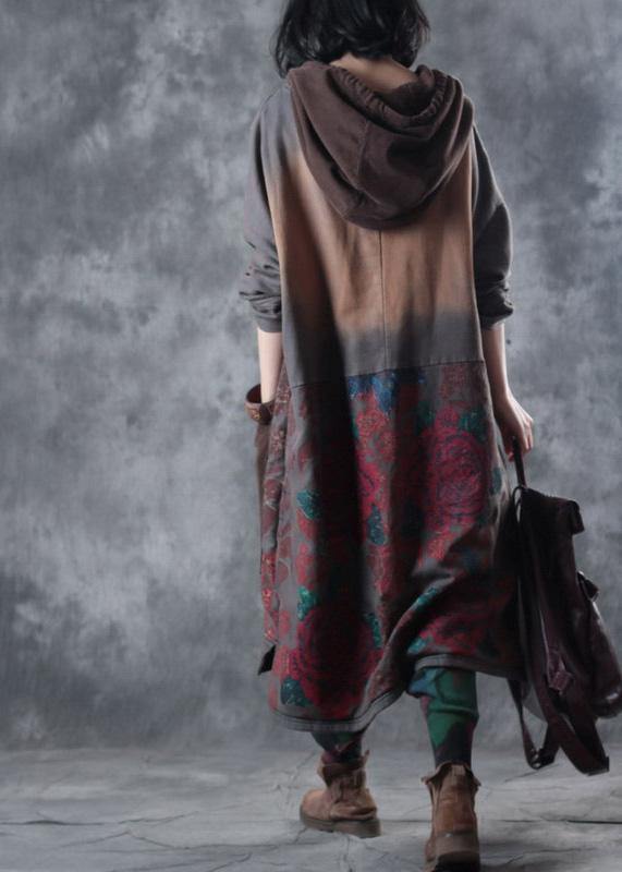 Hooded Drawstring Cotton Wardrobes Design Gray Print Maxi Dresses Fall