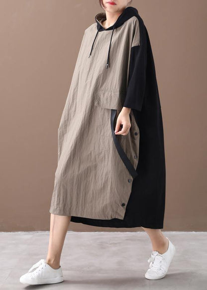 Khaki Long Dress Hooded Patchwork Long Spring Dresses