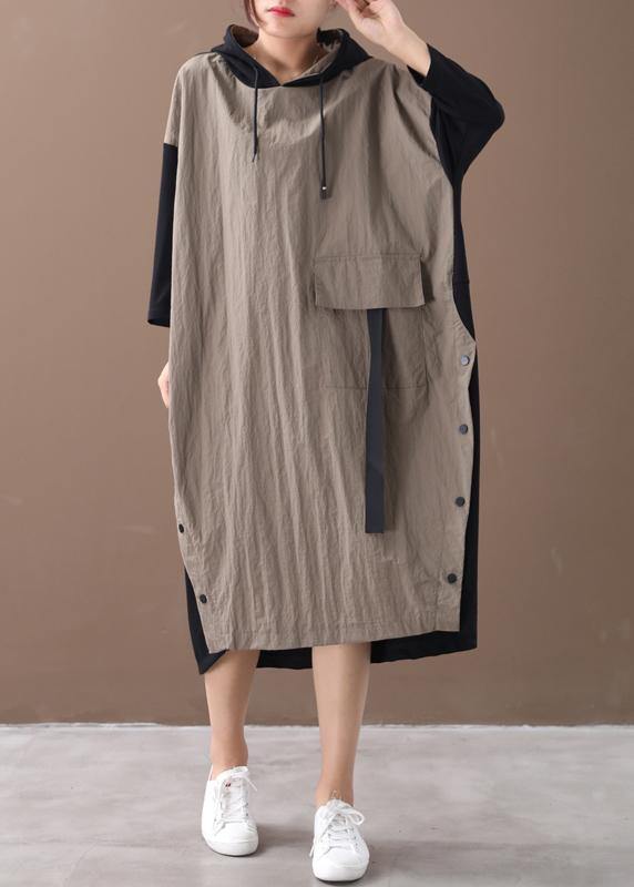 Khaki Long Dress Hooded Patchwork Long Spring Dresses