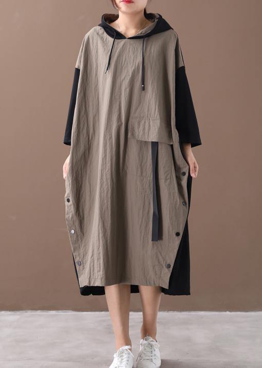 Khaki Long Dress Hooded Patchwork Long Spring Dresses