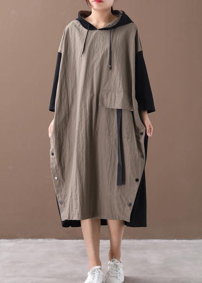 Khaki Long Dress Hooded Patchwork Long Spring Dresses