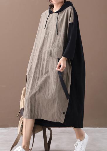 Khaki Long Dress Hooded Patchwork Long Spring Dresses