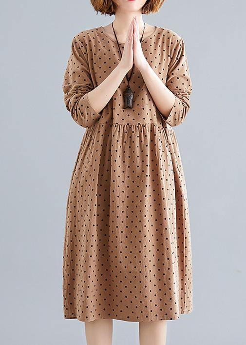 Khaki Dotted Cotton Quilting Dresses O Neck Cinched Oversized Spring Dress