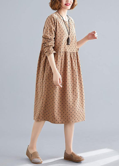 Khaki Dotted Cotton Quilting Dresses O Neck Cinched Oversized Spring Dress