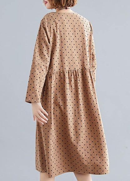 Khaki Dotted Cotton Quilting Dresses O Neck Cinched Oversized Spring Dress