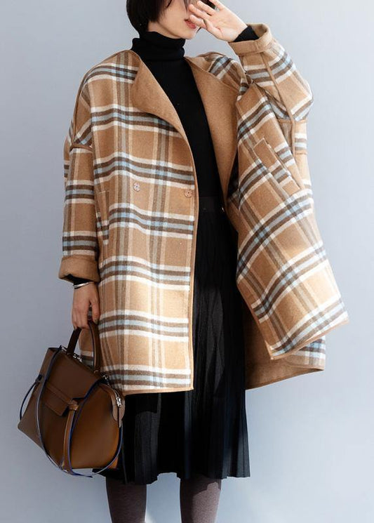 Khaki Plaid Clothes for Neckline O Neck Winter Coat