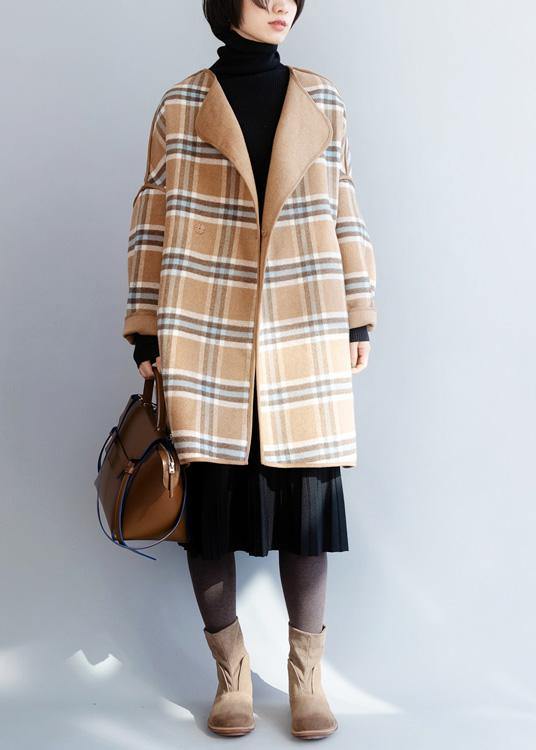 Khaki Plaid Clothes for Neckline O Neck Winter Coat