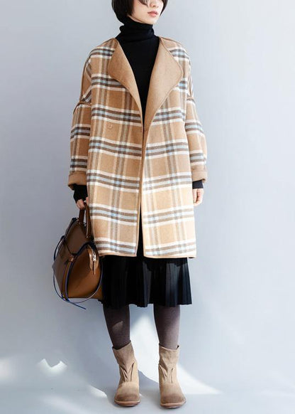 Khaki Plaid Clothes for Neckline O Neck Winter Coat