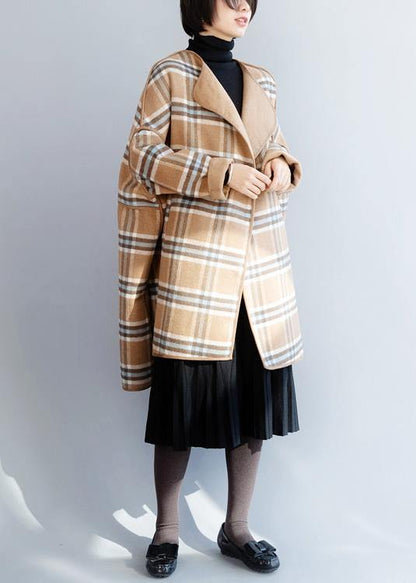 Khaki Plaid Clothes for Neckline O Neck Winter Coat