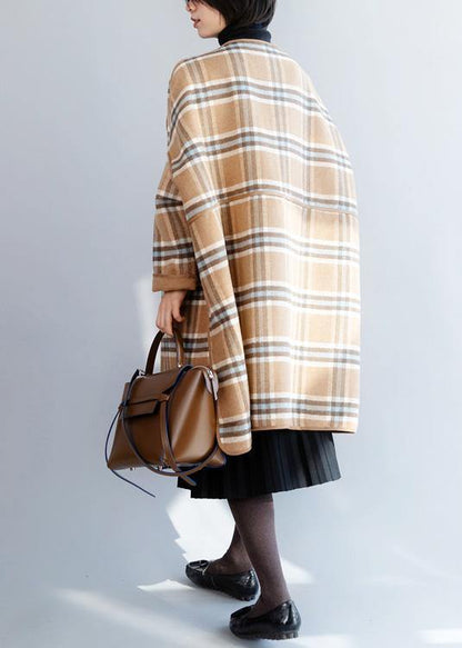 Khaki Plaid Clothes for Neckline O Neck Winter Coat
