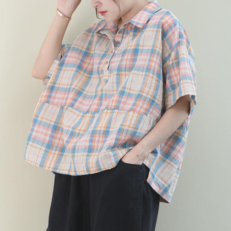Khaki Plaid Cotton Pattern Lapel Button Down Daily Tops