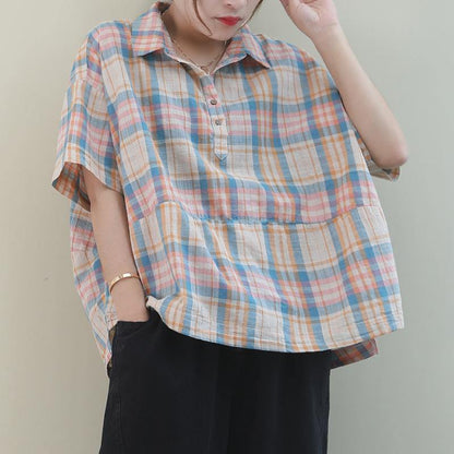 Khaki Plaid Cotton Pattern Lapel Button Down Daily Tops