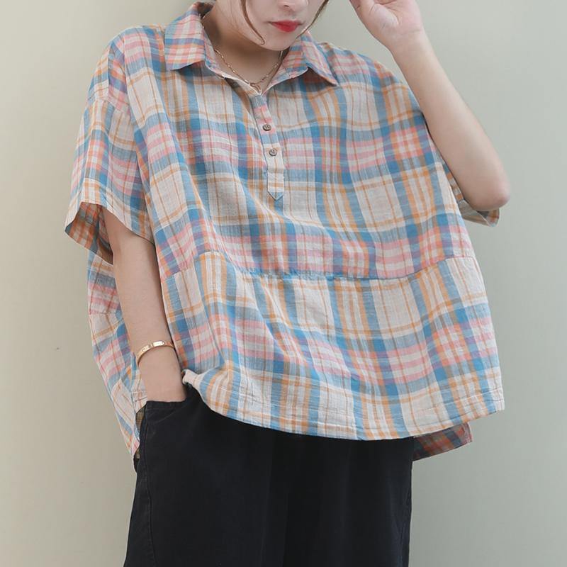 Khaki Plaid Cotton Pattern Lapel Button Down Daily Tops