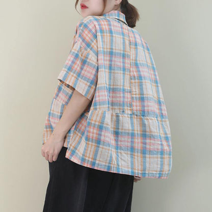 Khaki Plaid Cotton Pattern Lapel Button Down Daily Tops