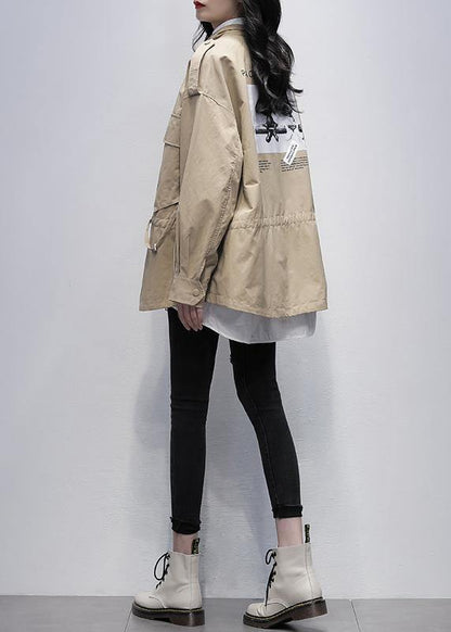 Khaki Print Tunic Pattern Wardrobes Stand Collar Pockets Coats