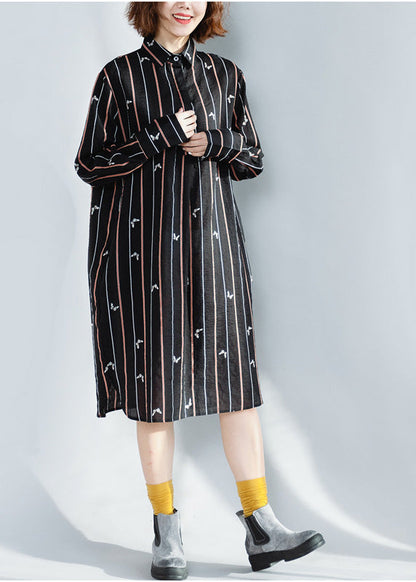 Lapel Button Down Cotton Tunics Black Striped Loose Dresses Spring