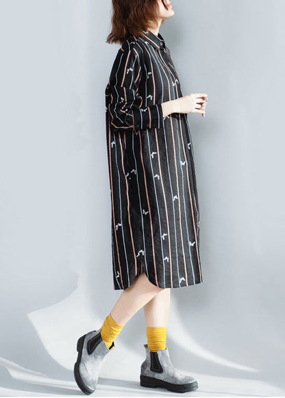 Lapel Button Down Cotton Tunics Black Striped Loose Dresses Spring