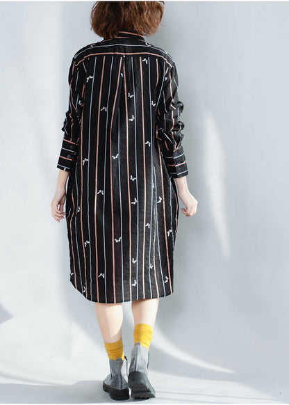Lapel Button Down Cotton Tunics Black Striped Loose Dresses Spring