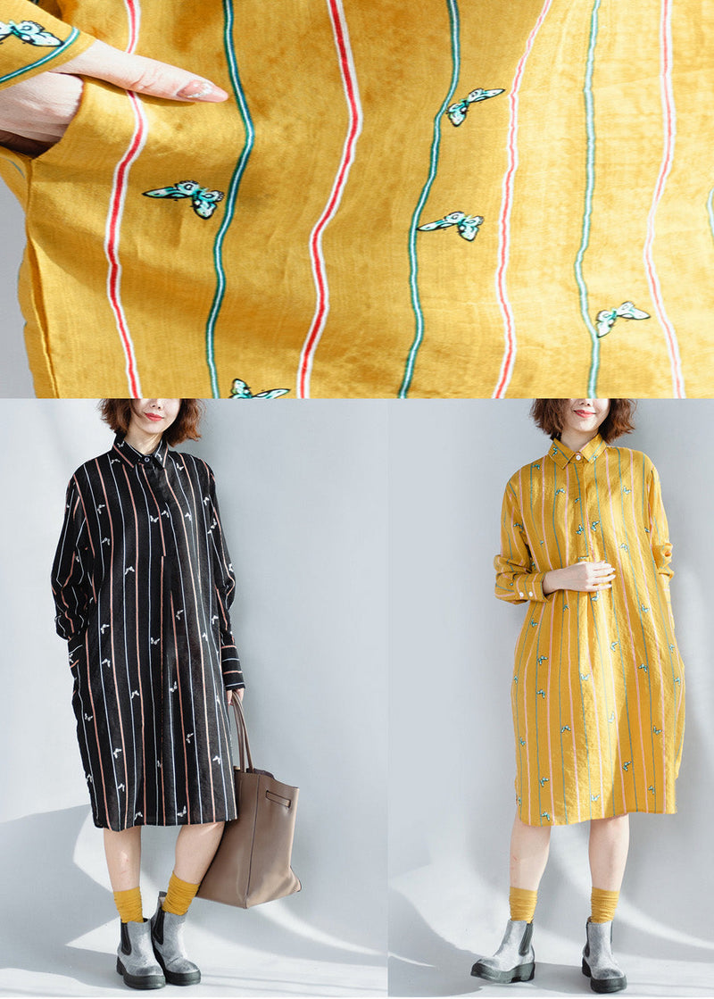 Lapel Button Down Cotton Tunics Black Striped Loose Dresses Spring