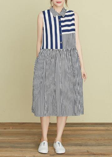 Lapel Atchwork Cotton Dresses Outfits Striped Robe Dress