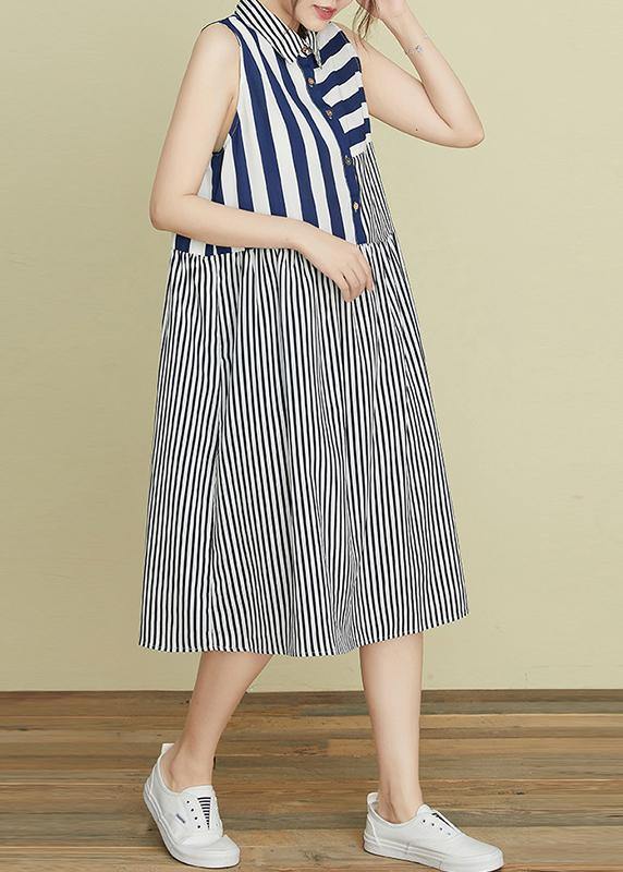 Lapel Atchwork Cotton Dresses Outfits Striped Robe Dress