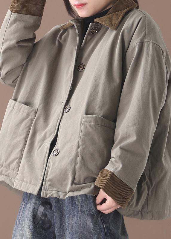 Lapel Patchwork Fine Coat Army Green Cotton Outwears